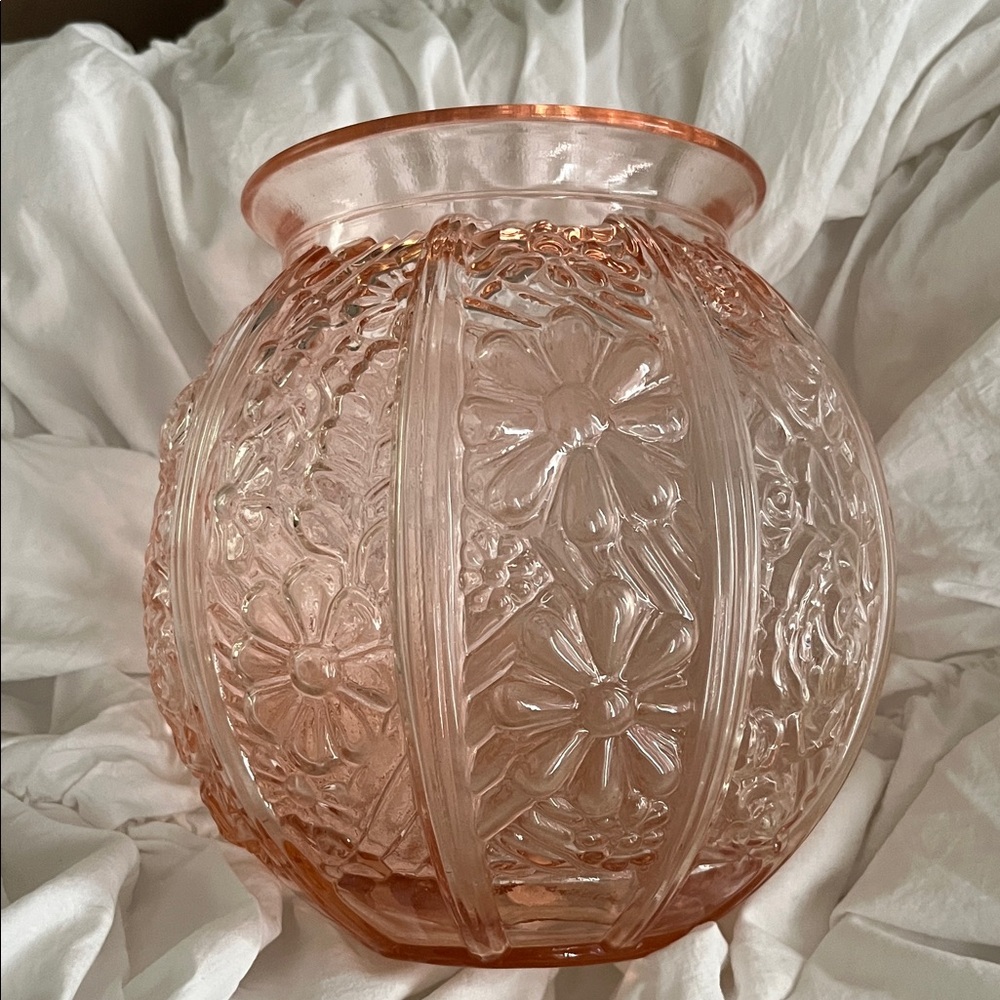 Ethan Allen Blush Pink Floral Pressed Glass Vase